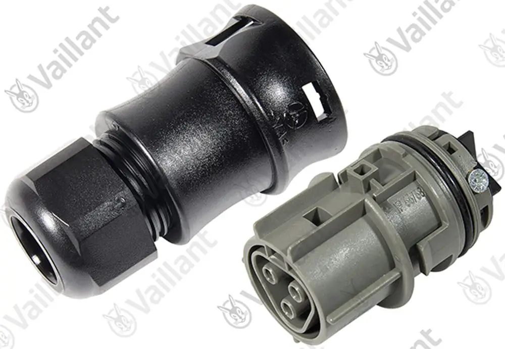 Vaillant Stecker und Hülse in Schwarz und Grau, geeignet für elektrische Verbindungen in Heizungsanlagen, ohne spezifische Maße oder Artikelnummer.